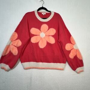 Easel Dreaming of Daisy Fuzzy Knit Floral Crewneck Superr Soft Sweater Medium